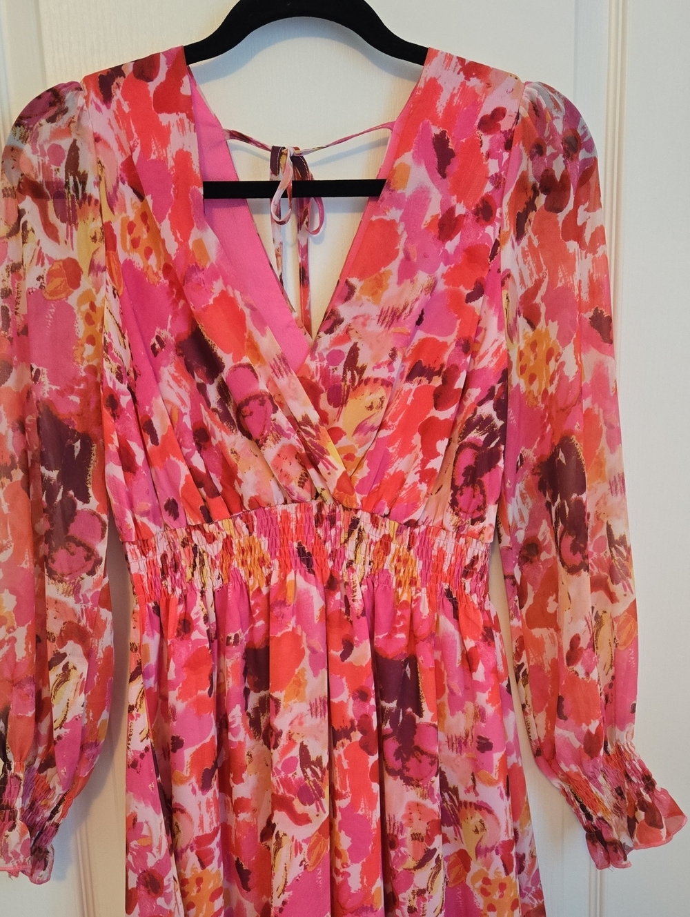 Women's Pink Floral V-Neck Smocked Waist Dress